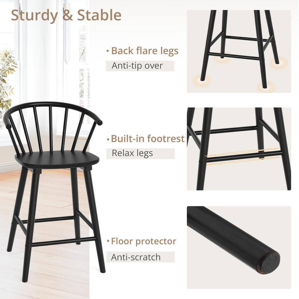 Winson Windsor 24 in. Black Solid Wood Bar Stool for Kitchen Island Counter Stool with Spindle Back Set of 6