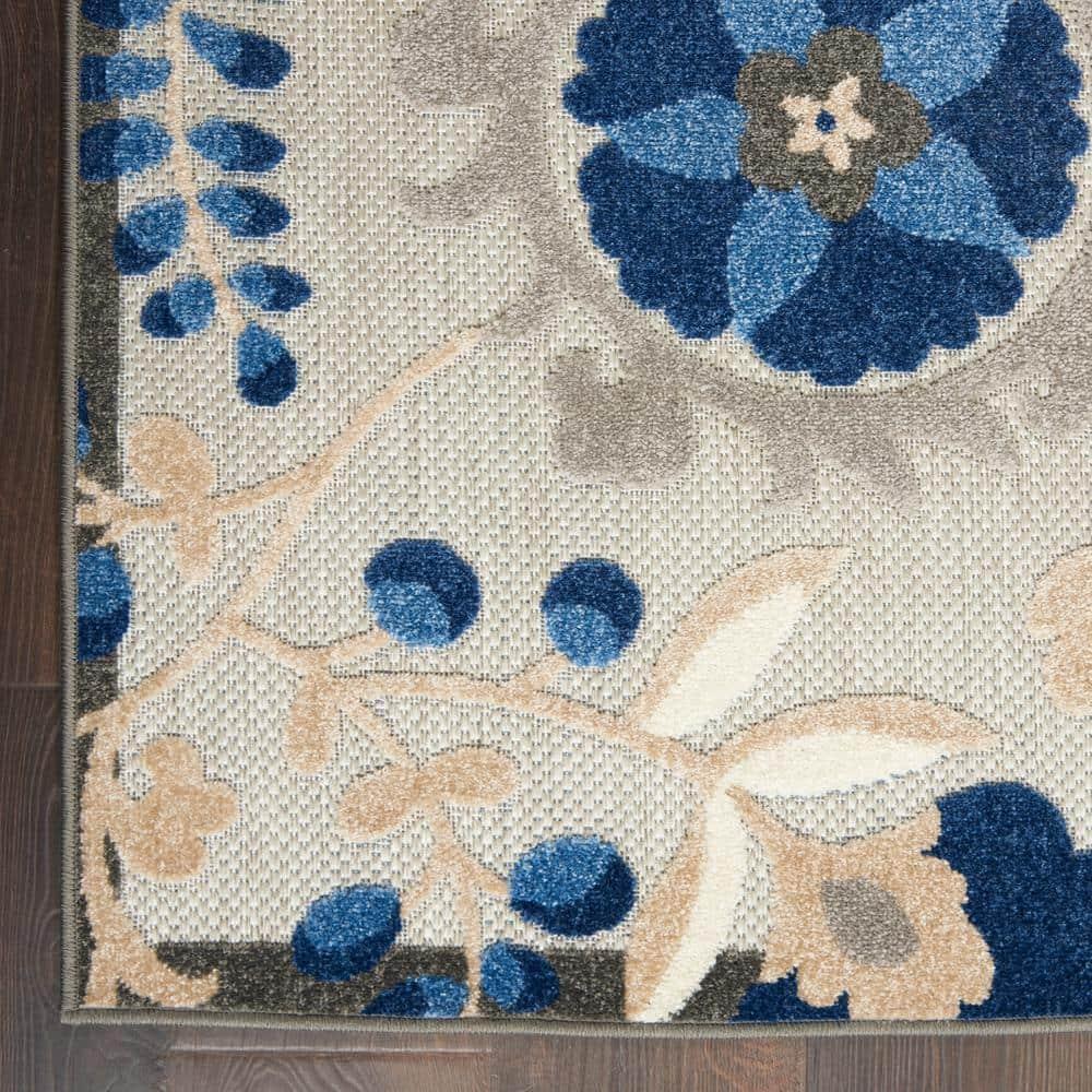 Nourison Aloha Floral Textured Flatweave High-Low Indoor Outdoor Area Rug Natural/Blue 6' x 9'