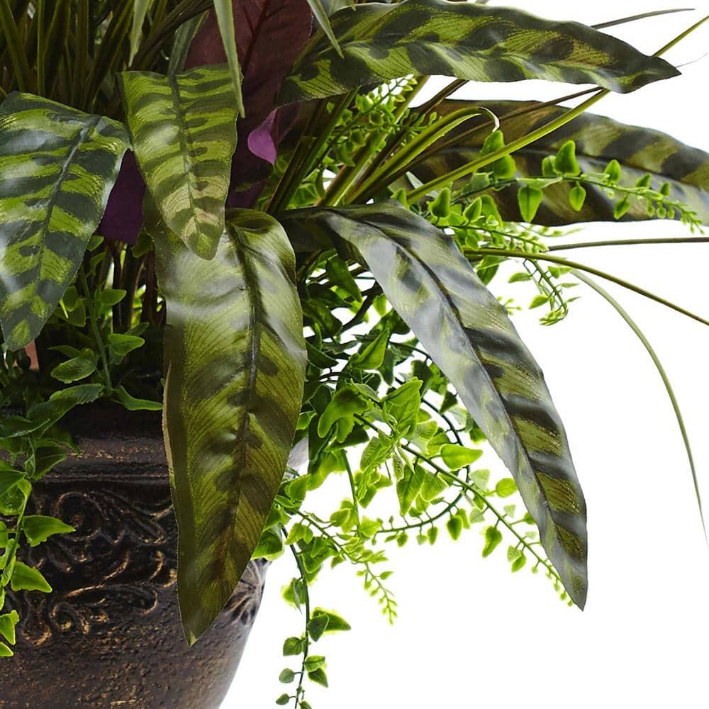 Nearly Natural 27" Plastic/Polyester Mixed Areca Palm, Fern & Peacock Artificial Plant with Planter, Green