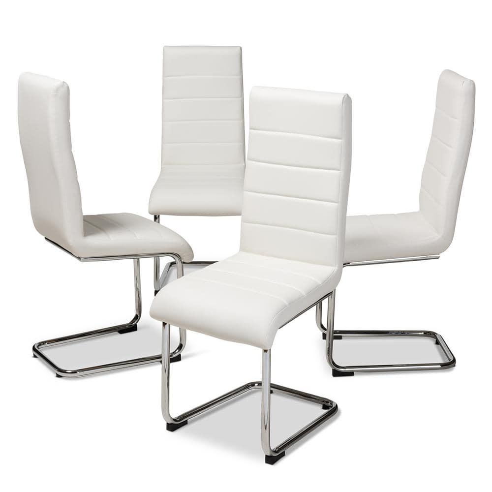 Baxton Studio Set of 4 Marlys Modern and Contemporary Faux Leather Upholstered Dining Chairs White: Chrome-Finished Legs, Mid-Century Design