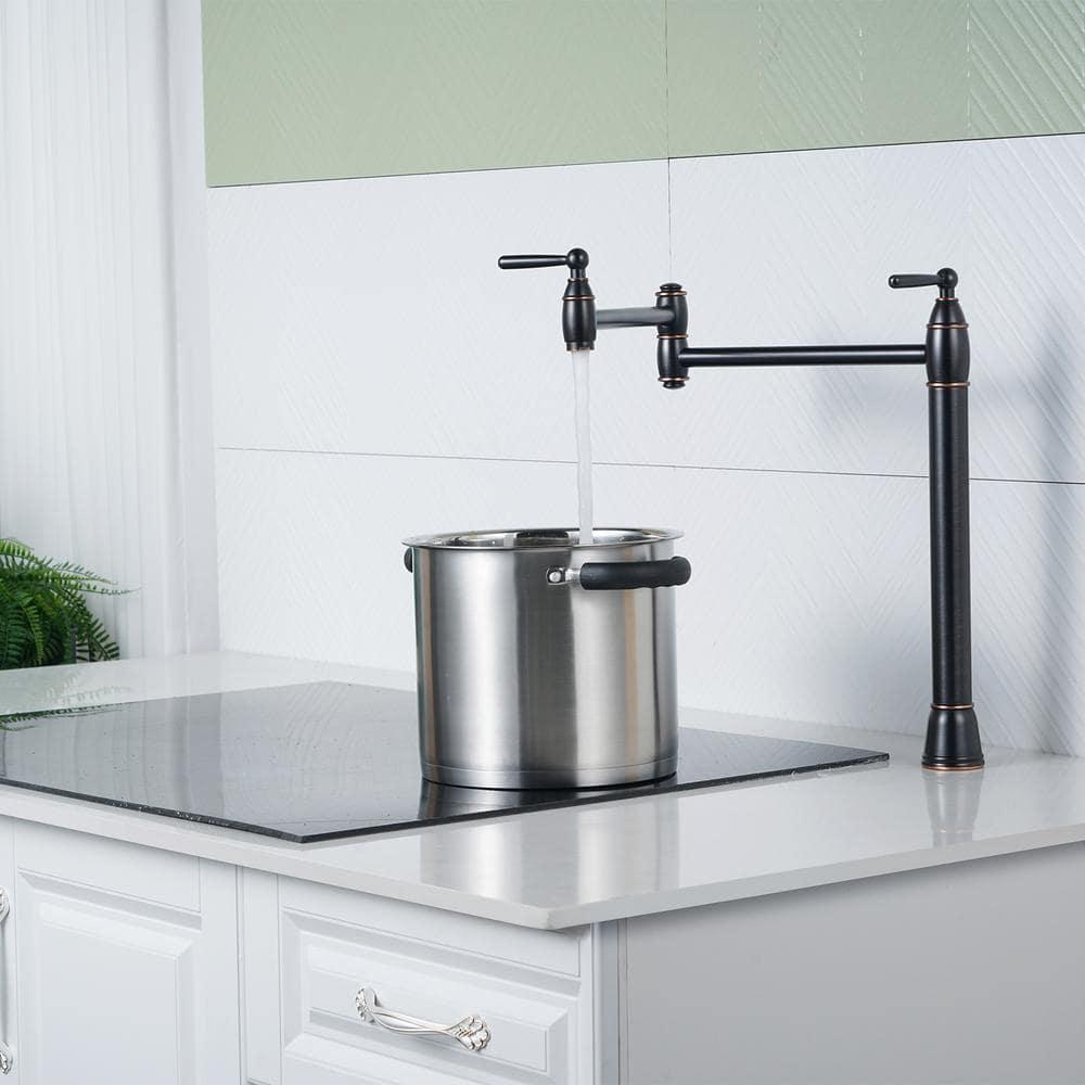Pot Filler Deck Mount, WOWOW Pot Filler Faucet Oil Rubbed Bronze Kitchen Folding Countertop Faucet 2 Handle with Stretchable Double Joint Swing Arms Brass Stove Faucet