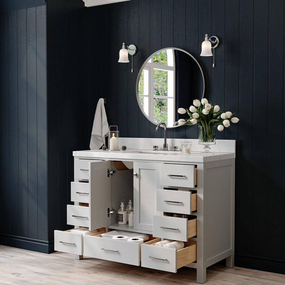 ARIEL 48" Grey Bathroom Vanity Base Cabinet, Single Sink Configuration, 2 Soft Closing Doors, 9 Full Extension Dovetail Drawers, Brushed Nickel