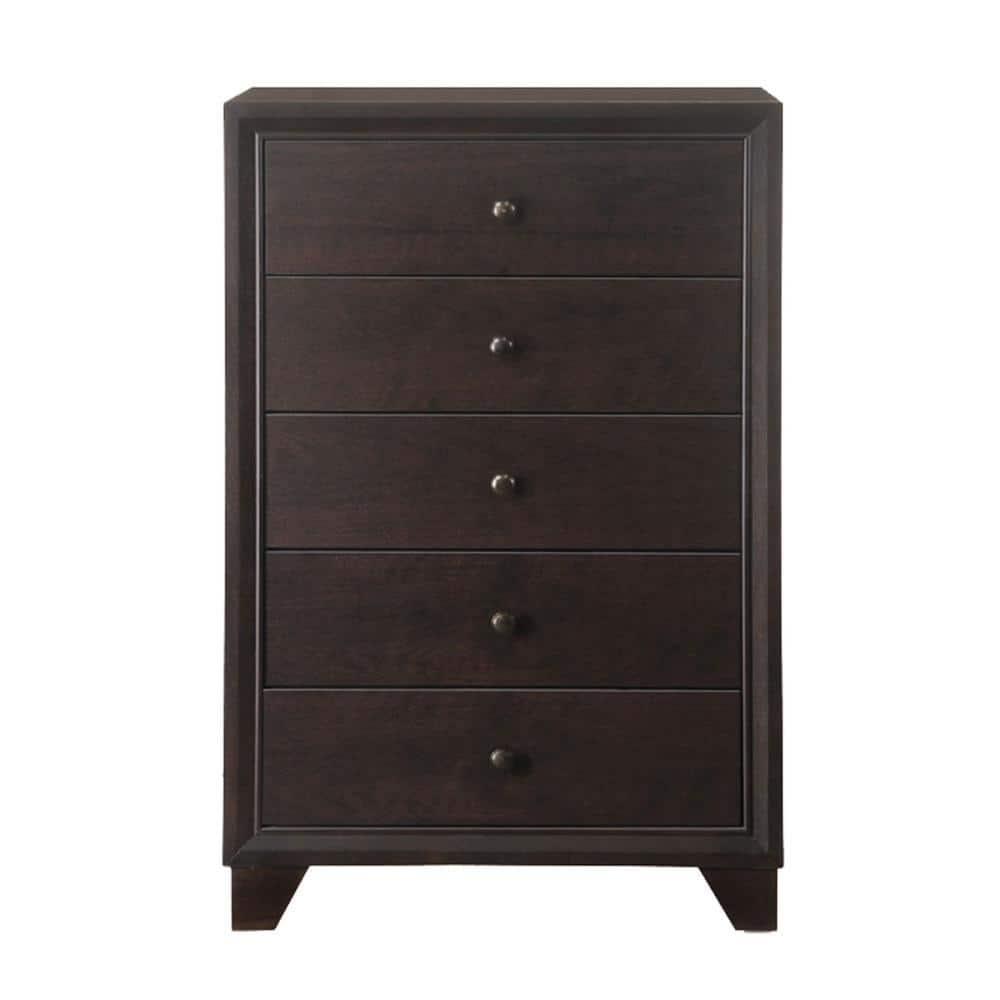 Benjara Wooden Chest with 5 Spacious Drawers , Espresso Brown