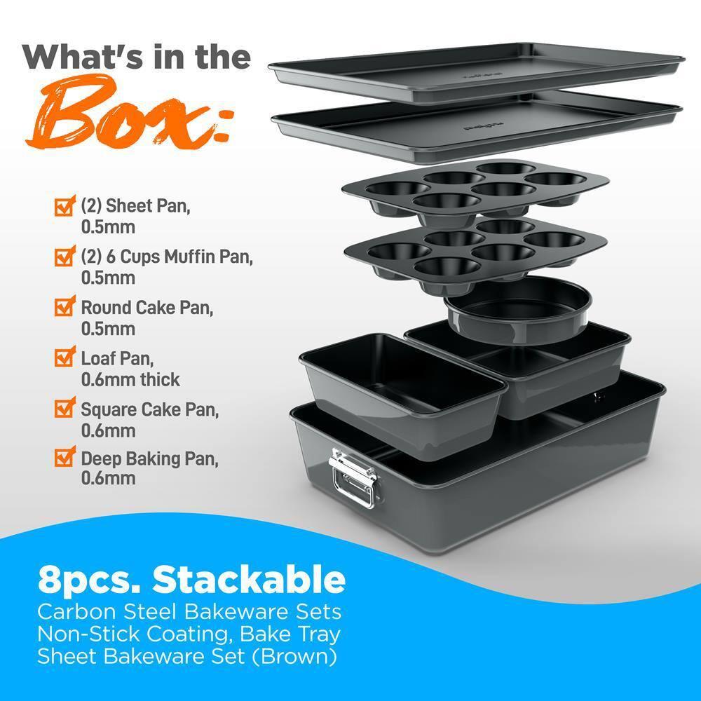 NutriChef 8-Piece Nonstick Stackable Bakeware Set - Pfoa, Pfos, Ptfe Free Baking Tray Set W/ Non-Stick Coating, 450°F Oven Safe, Round Cake, Loaf, Muffin, Wide/Square Pans, Cookie Sheet