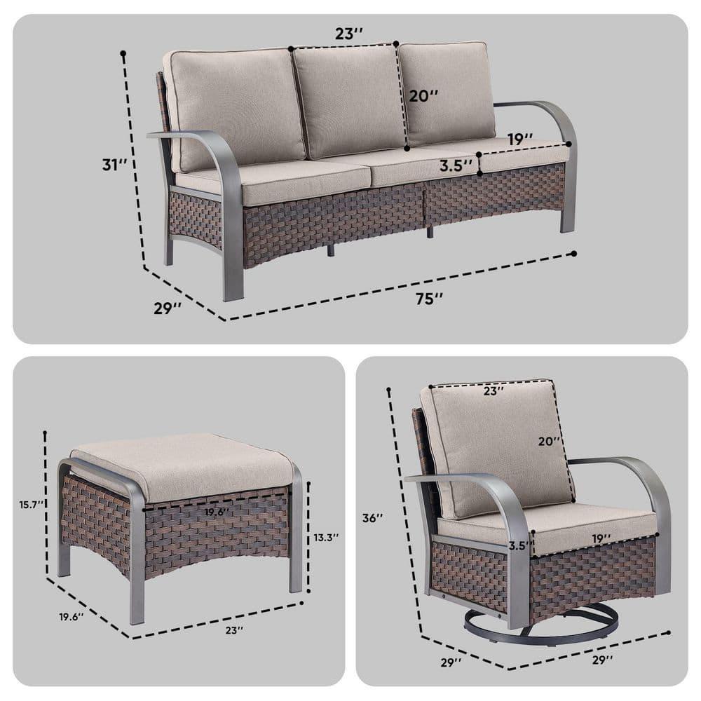 POCASSY 5PCS Outdoor Patio Furniture Set All-Weather Wicker Couch with Patio Swivel Rocking Outdoor Chairs and Multi-Functional Ottomans, Patio Conversation Set for Backyard Garden Balcony, Beige