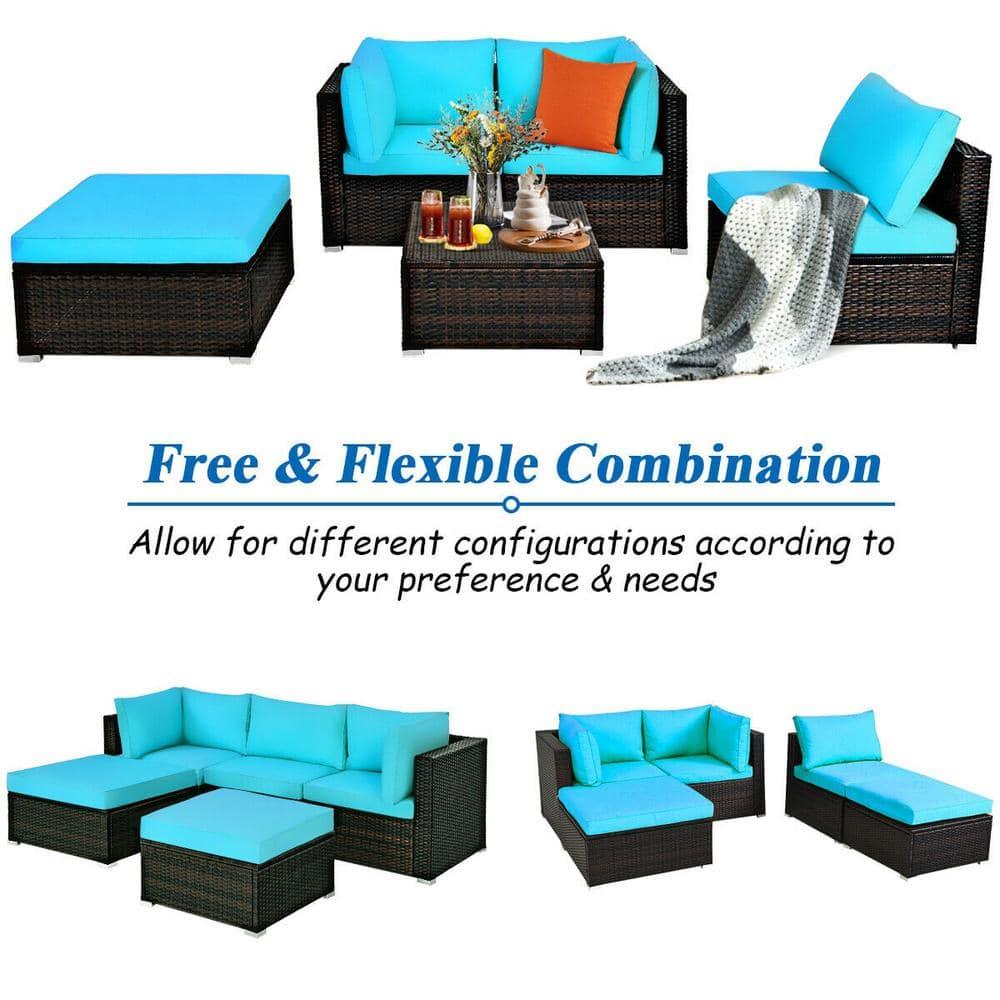 Tangkula 5PCS Cushioned Rattan Patio Conversation Set Outdoor Furniture Set w/ Ottoman