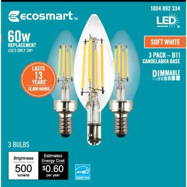 EcoSmart 60-Watt B11 ENERGY STAR Vintage LED Light Bulb White (3-Pack)