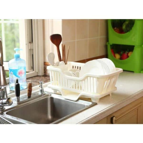 Basicwise Heavy Duty 2-Piece Plastic Dish Drying Rack Set in White - Includes Large Dish Drainer, Attached Drainboard, and Utensil Cup Holders for Home Kitchen Countertop Organization