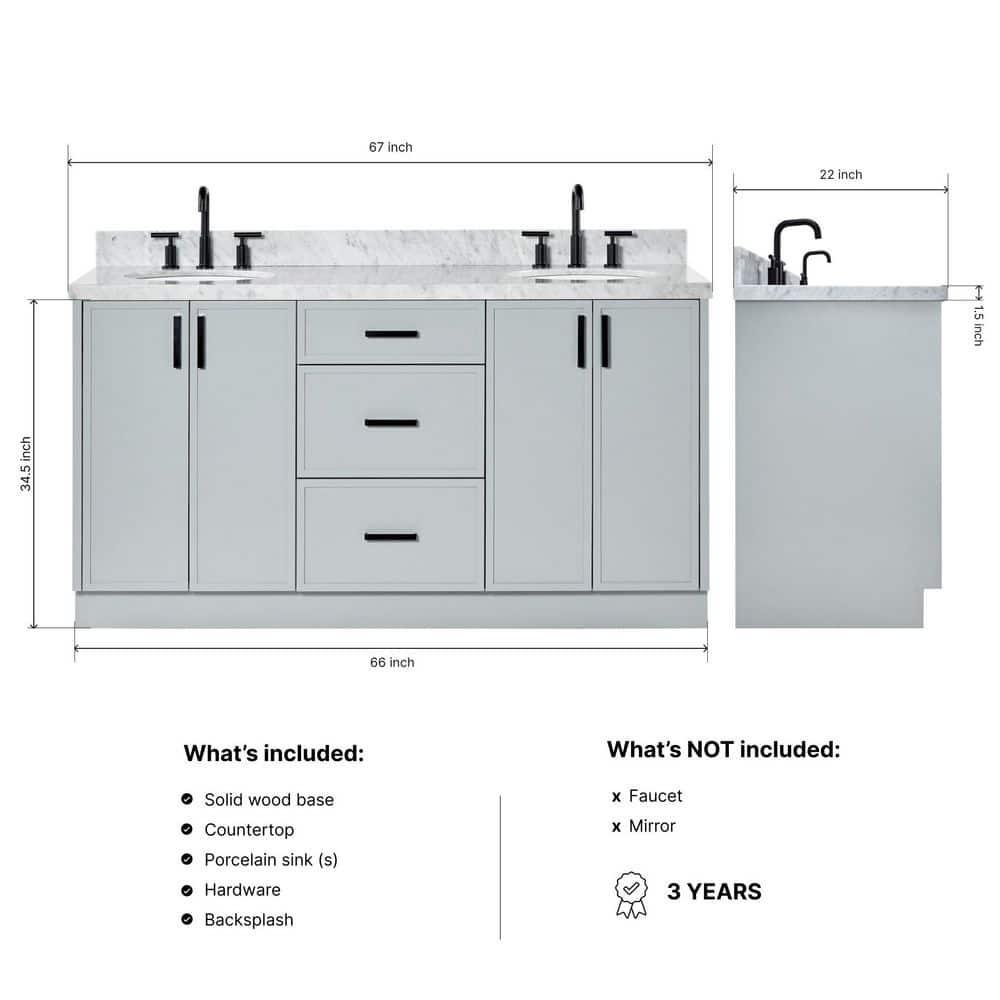 Ariel Kellie 67 Inch Double Oval Sink Bathroom Vanity With Italian Carrara Marble Countertop