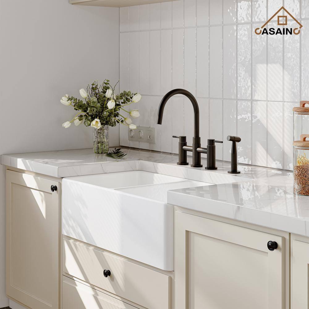 Double Handle Bridge Kitchen Faucet with Side Sprayer in Matte Black