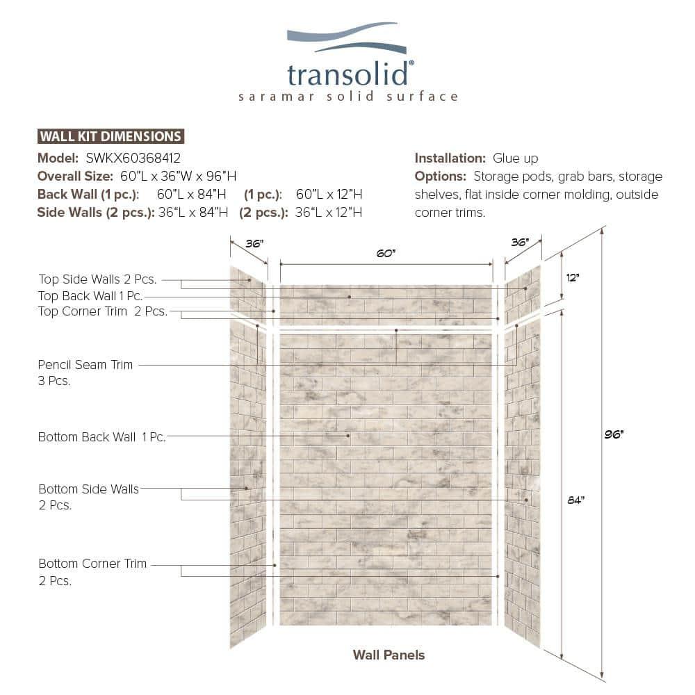 Transolid SaraMar 60'' W 36'' D 96'' H Glue Up Solid Surface Wall