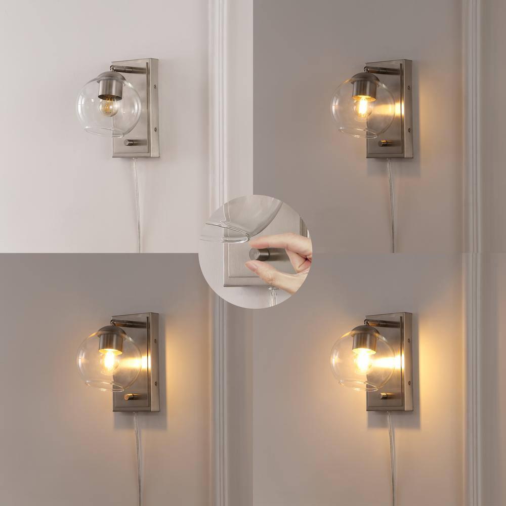 Hugo 6" 1-Light Minimalist Modern Plug-In or Hardwired Adjustable Iron LED Wall Sconce with Rotary Dimmer, Nickel with Clear Globe