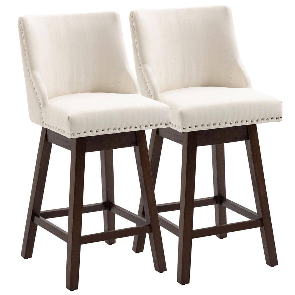HOMCOM 28" Swivel Bar Height Bar Stools Set of 2, Armless Upholstered Barstools Chairs with Nailhead Trim and Wood Legs, Cream White