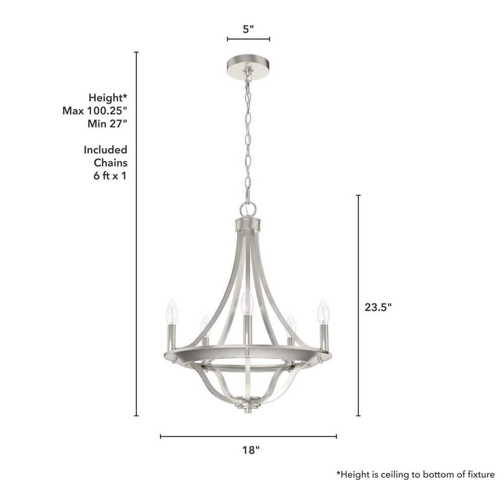 Hunter - Perch Point 5-light Brushed Nickel, Medium Size Chandelier, Dimmable, Casual Style, Empire Shaped, for Bedrooms, Kitchens, Dining, Living Rooms - 19425