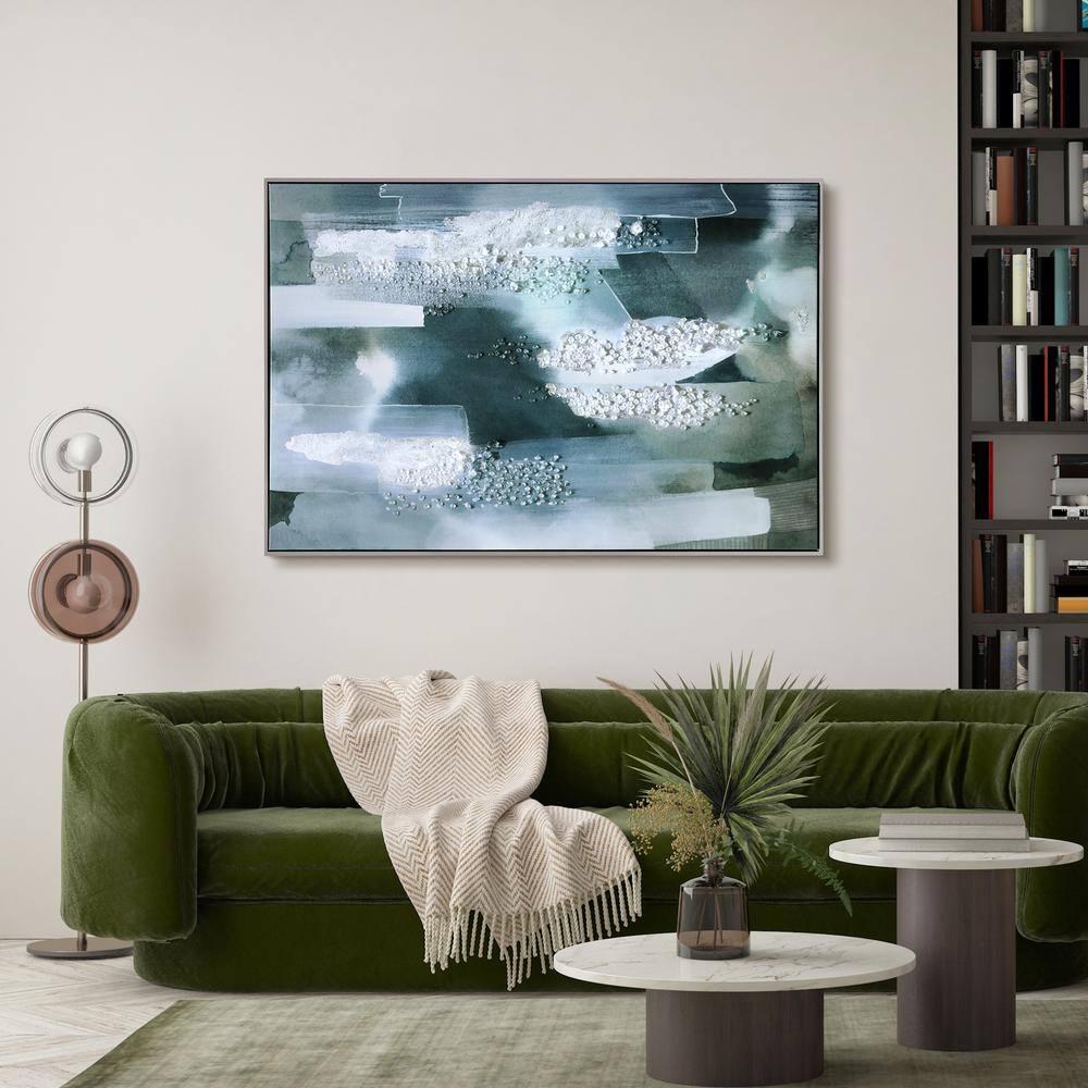 "Silver Mist I" Crystallus Epoxy Coated Wrapped Framed Glossy Canvas Wall Art with Heavy Acrylic Crystal Shards Embellishments