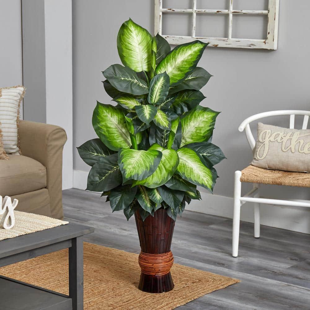 Nearly Natural Golden Dieffenbachia with Bamboo Planter