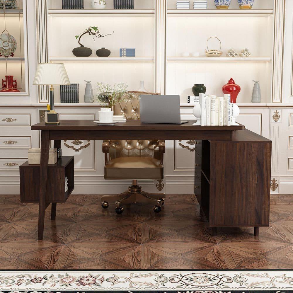 KULAGAGA Writing Desk with Drawers and File Cabinet, L Shaped Office Desk Computer Table, Espresso