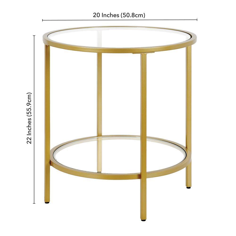 Evelyn&Zoe Sivil 20" Wide Round Side Table with Glass Shelf, Brass