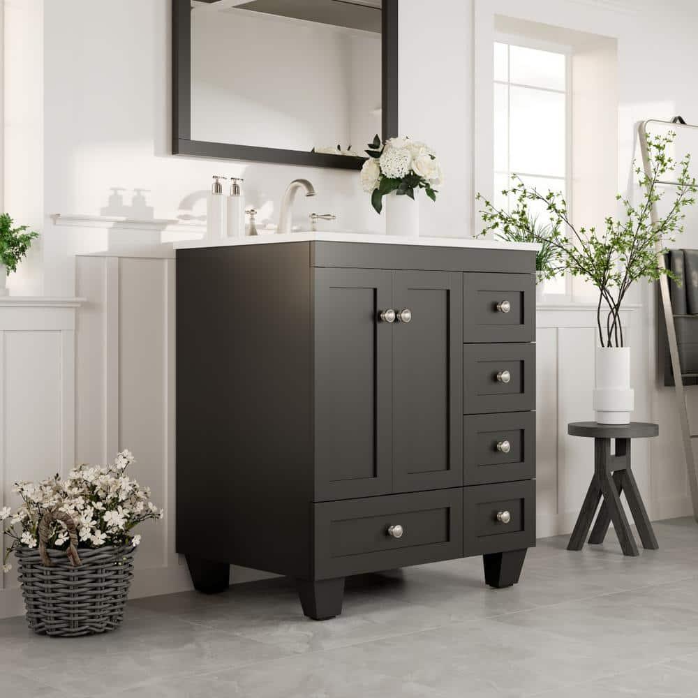 Eviva Acclaim C. 28" Transitional Espresso Bathroom Vanity with White Carrara Quartz Countertop