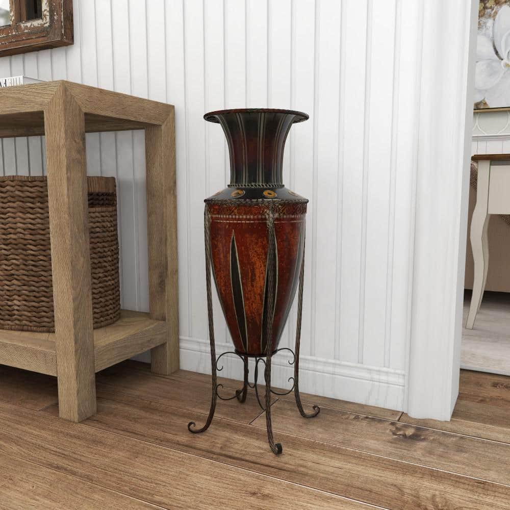 DecMode 27" Tall Brown Metal Vase with Attached Metal Stand and Intricate Design