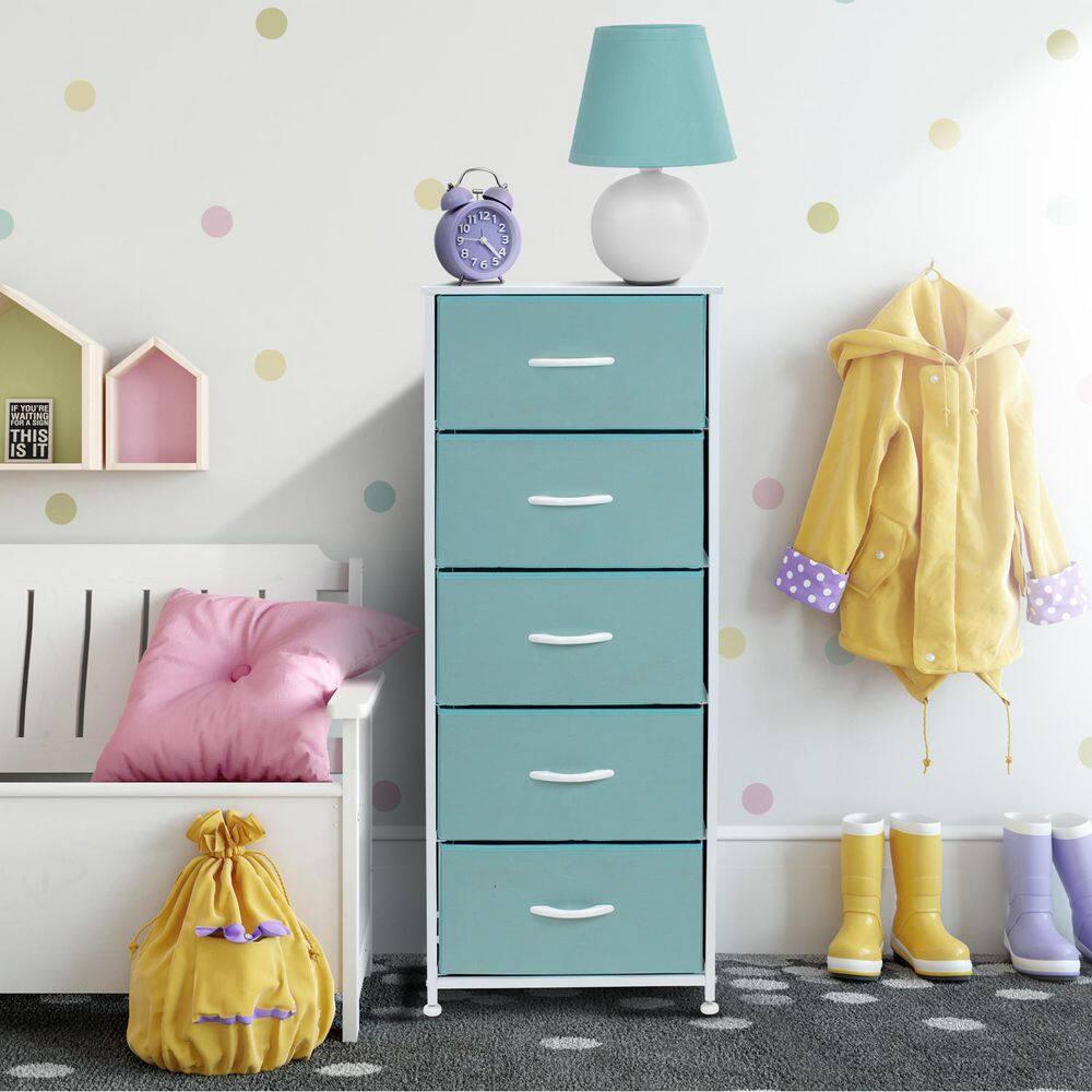 Sorbus Fabric Dresser for Kids Bedroom - Chest of 5 Drawers, Tall Storage Tower, Clothing Organizer, for Closet, for Playroom, for Nursery, Steel Frame, Fabric Bins - Wood Handle (Aqua)