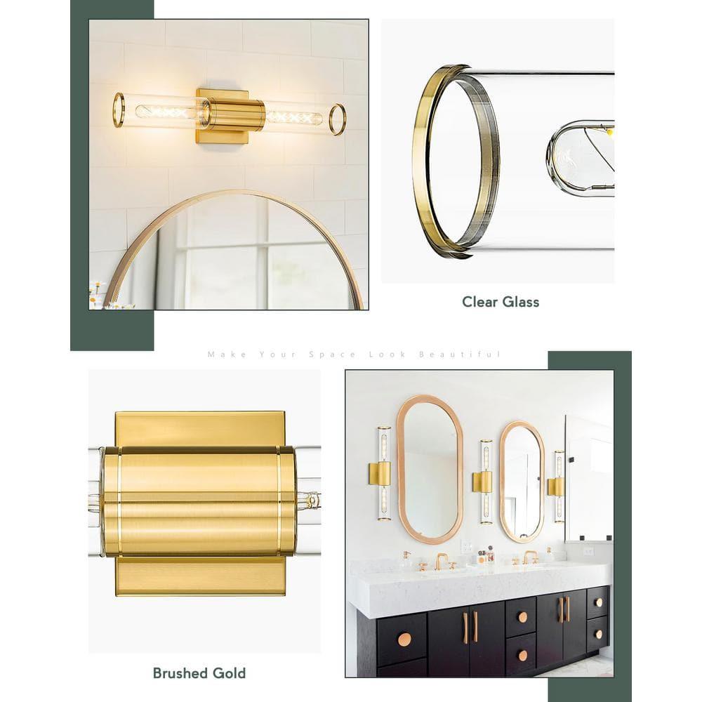 Progress Lighting Clarion 2-Light Brushed Nickel Glass Modern Bath Vanity Light, Satin Brass, Cylindrical Shade