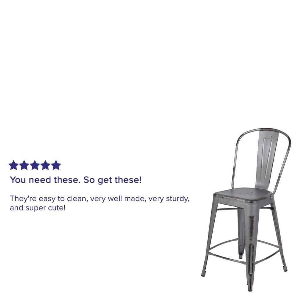 Flash Furniture Commercial Grade 24" High Distressed Silver Gray Metal Indoor-Outdoor Counter Height Stool with Back