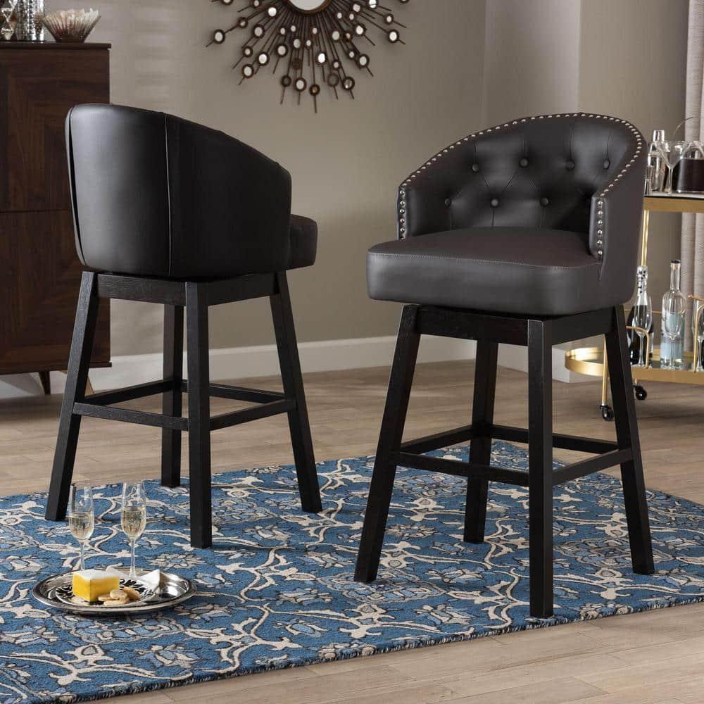 Baxton Studio Avril Modern and Contemporary Brown Faux Leather Tufted Swivel Barstool with Nail heads Trim (Set of 2)