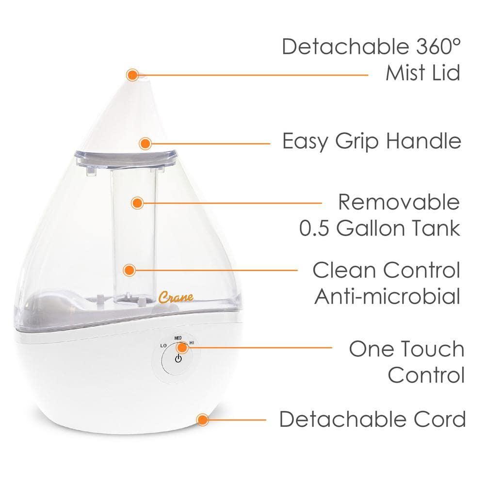 Crane USA Droplet Cool-Mist Humidifier with Vapor Tray, 0.5. Gal. - Clear & White