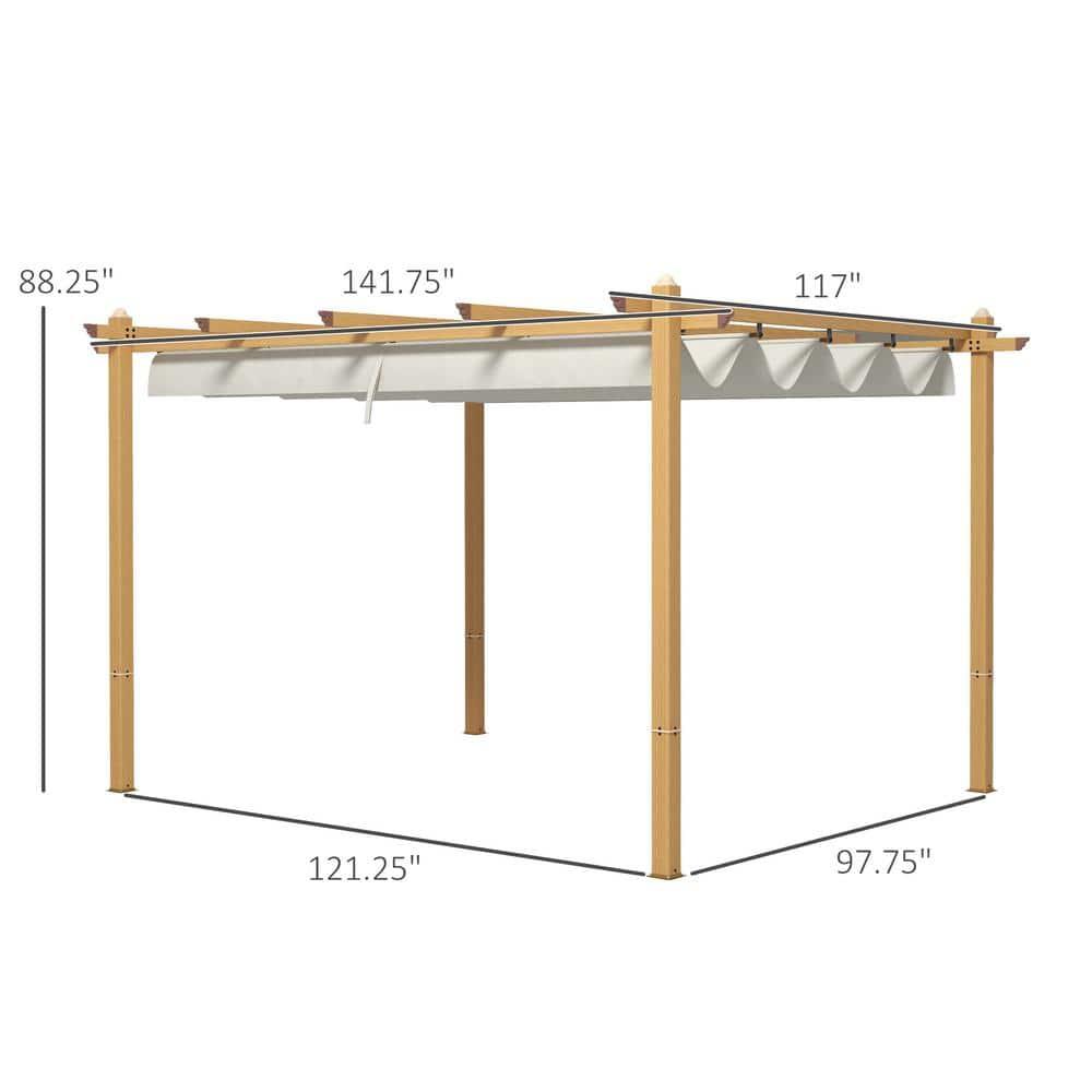 Outsunny 10' x 12' Outdoor Retractable Pergola, Heavy Duty Wood Grain Aluminum with Weather Resistant Fabric Sun Shade Canopy, Patio Shelter, Cream