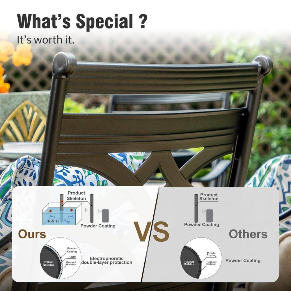 Summit Living 7-Piece Outdoor Patio Dining Set with 6 Swivel Cushioned Chairs & 1 Metal Steel Table, Black & Beige