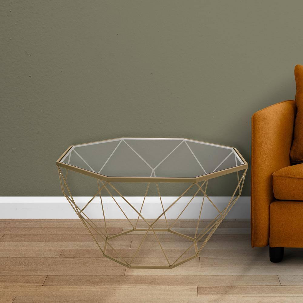 LeisureMod Malibu Modern 29" Wide Octagon Glass Top Coffee Table With Iron Base in Gold
