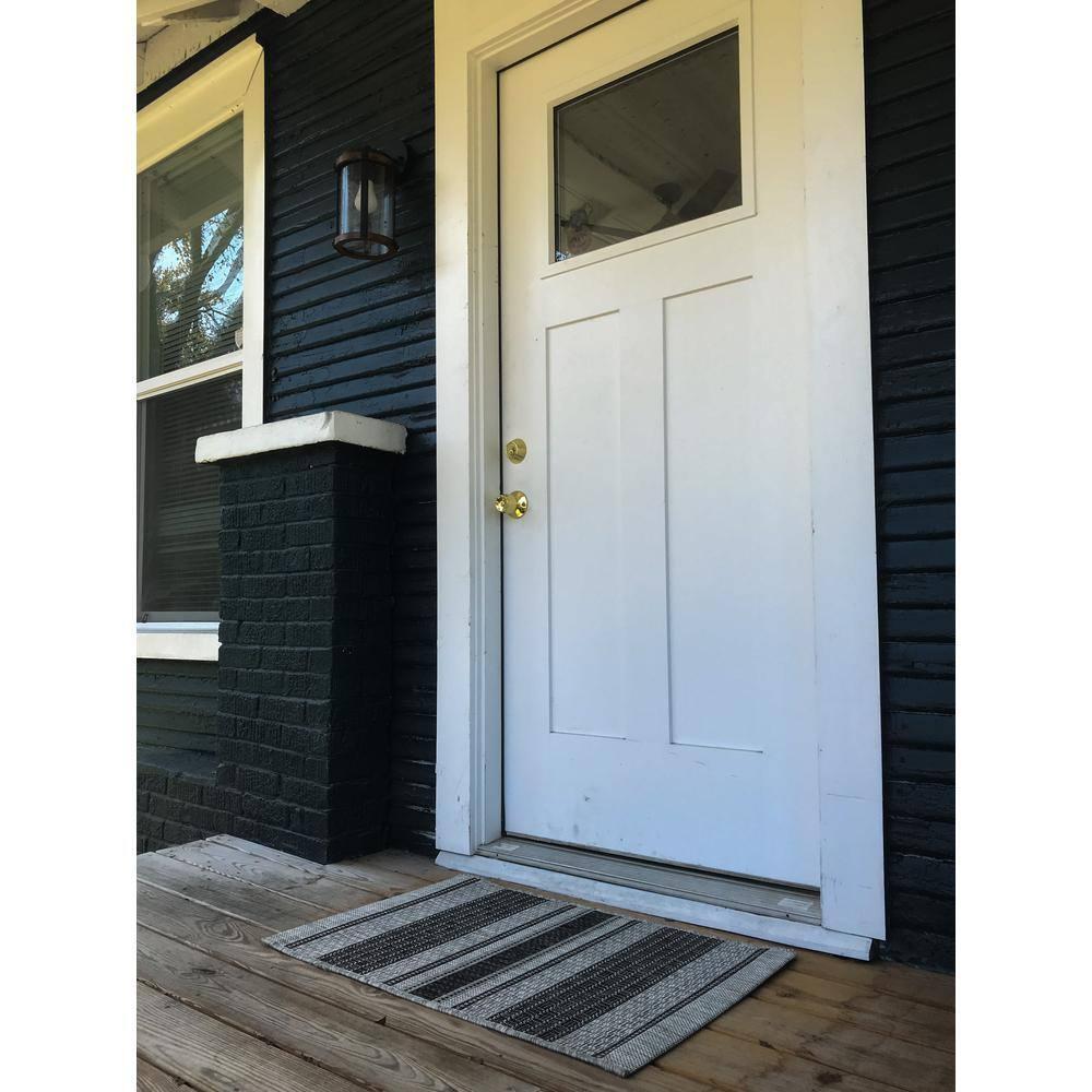 Grey and Black Stripe Synthetic Rectangular Rug