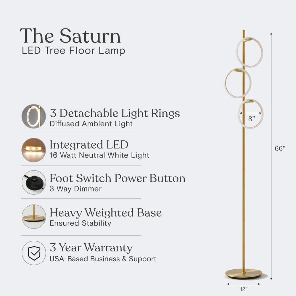 Brightech Saturn 66" Modern LED Floor Lamp with 3 Removable Ring Lights and Gold Finish, 3-Way Dimming