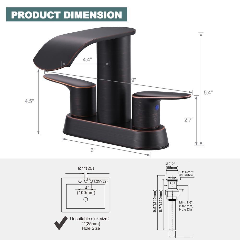 4-inch Centerset Double Handle Waterfall Bathroom Sink Faucet with Pop-up Drain Kit