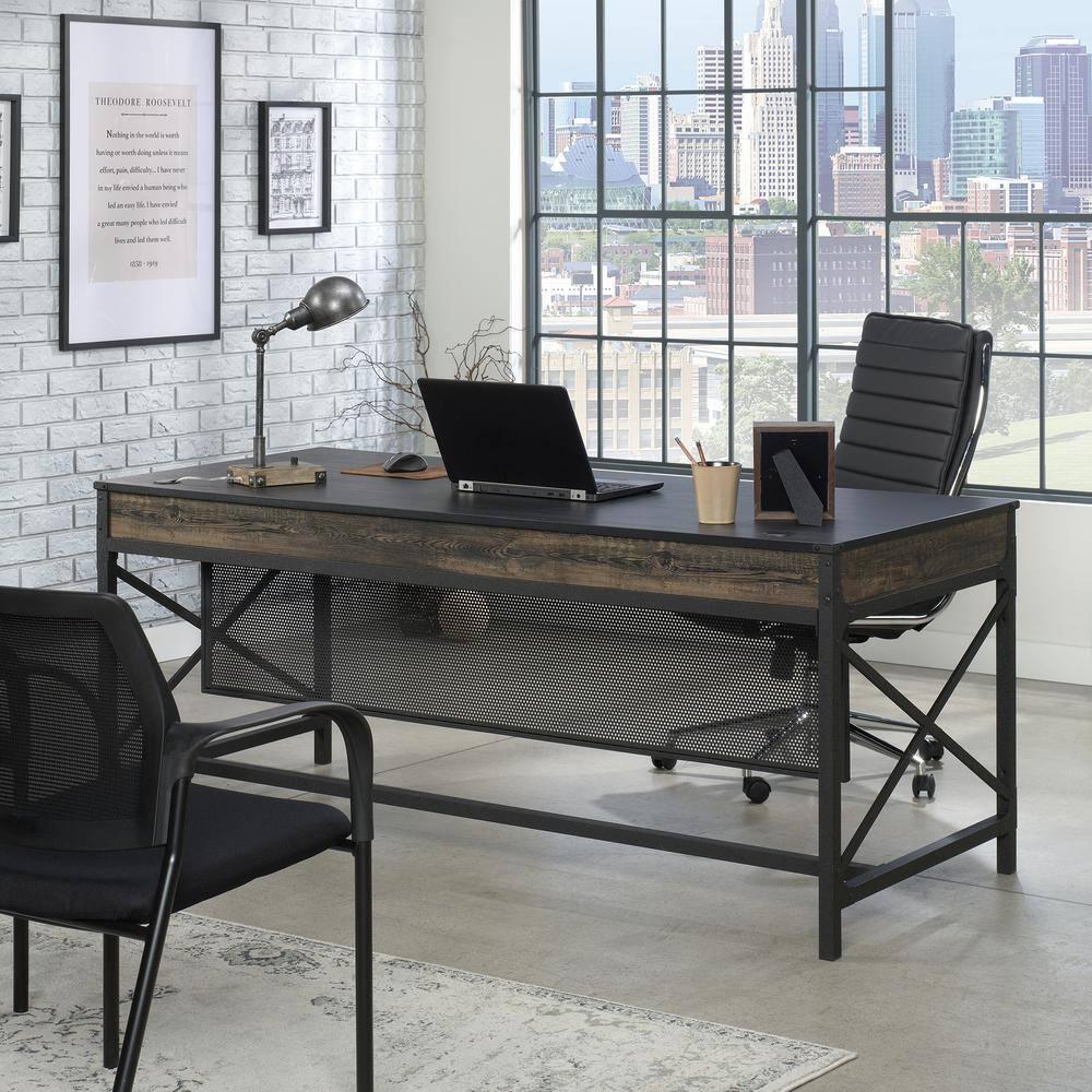 Sauder Foundry Road Engineered Wood/Metal 72x30 Table Desk in Carbon Oak