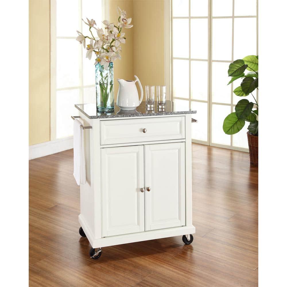 Crosley Solid Granite Top Portable Kitchen Cart/Island White: Hardwood Frame, Adjustable Shelves, Universal Storage