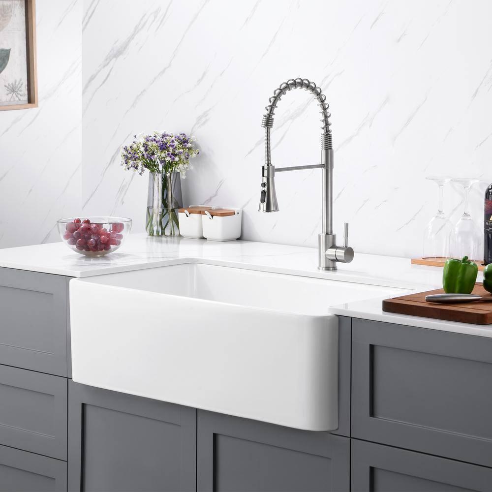 30 in. Rectangular Farmhouse Apron Single Bowl White Ceramic Kitchen Sink with Grid and Strainer