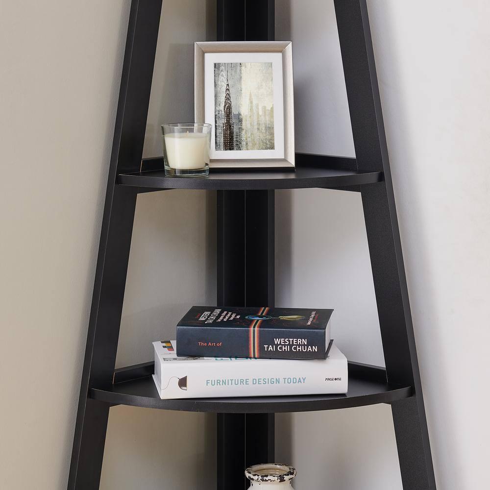 63" x 26.5" Five-Tier Pyramid Corner Ladder Shelf Black - Danya B.: Matte Finish, Wood Frame, Fixed Open Shelves