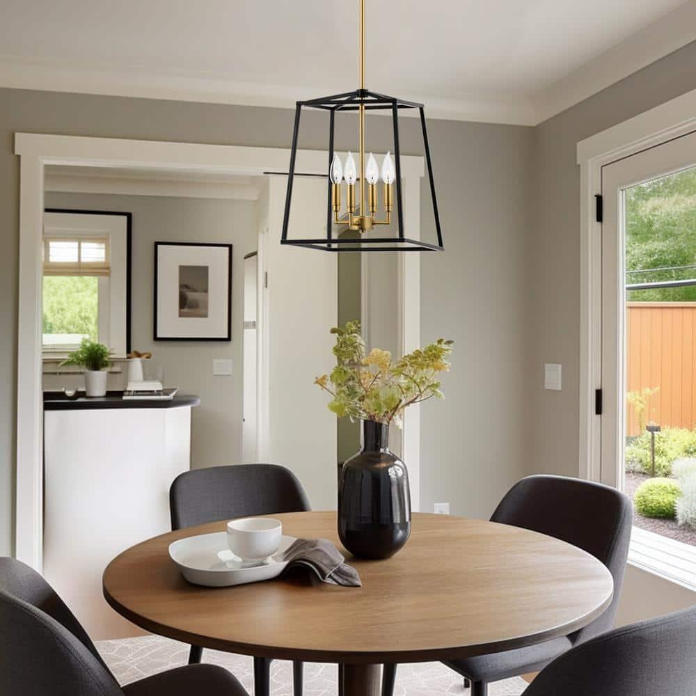 Kira Home Bellevue 16" 4-Light Farmhouse Lantern Pendant Light, Adjustable Foyer Chandelier, Warm Brass Accents + Black