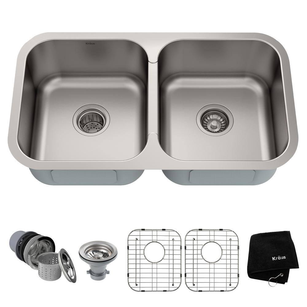 Kraus KRAUS Premier 32-inch L 18 Gauge Undermount 50/50 Double Bowl Stainless Steel Kitchen Sink KBU29