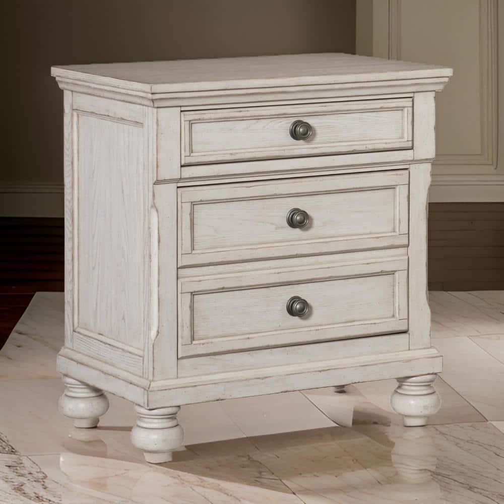Cottage 2 Drawer Nightstand with Molded Details & Bun Feet, Antique White