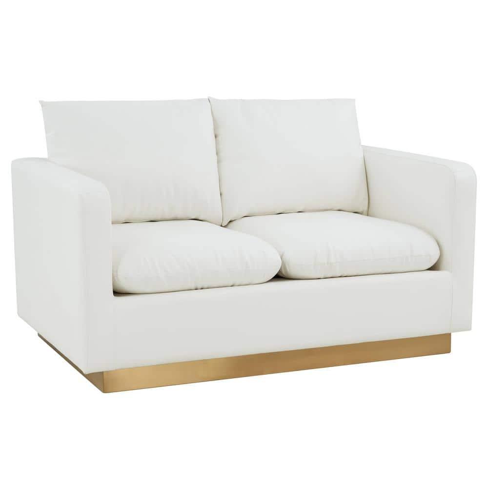 LeisureMod Nervo Mid-Century Modern Upholstered Faux Leather Loveseat with Gold Frame in White