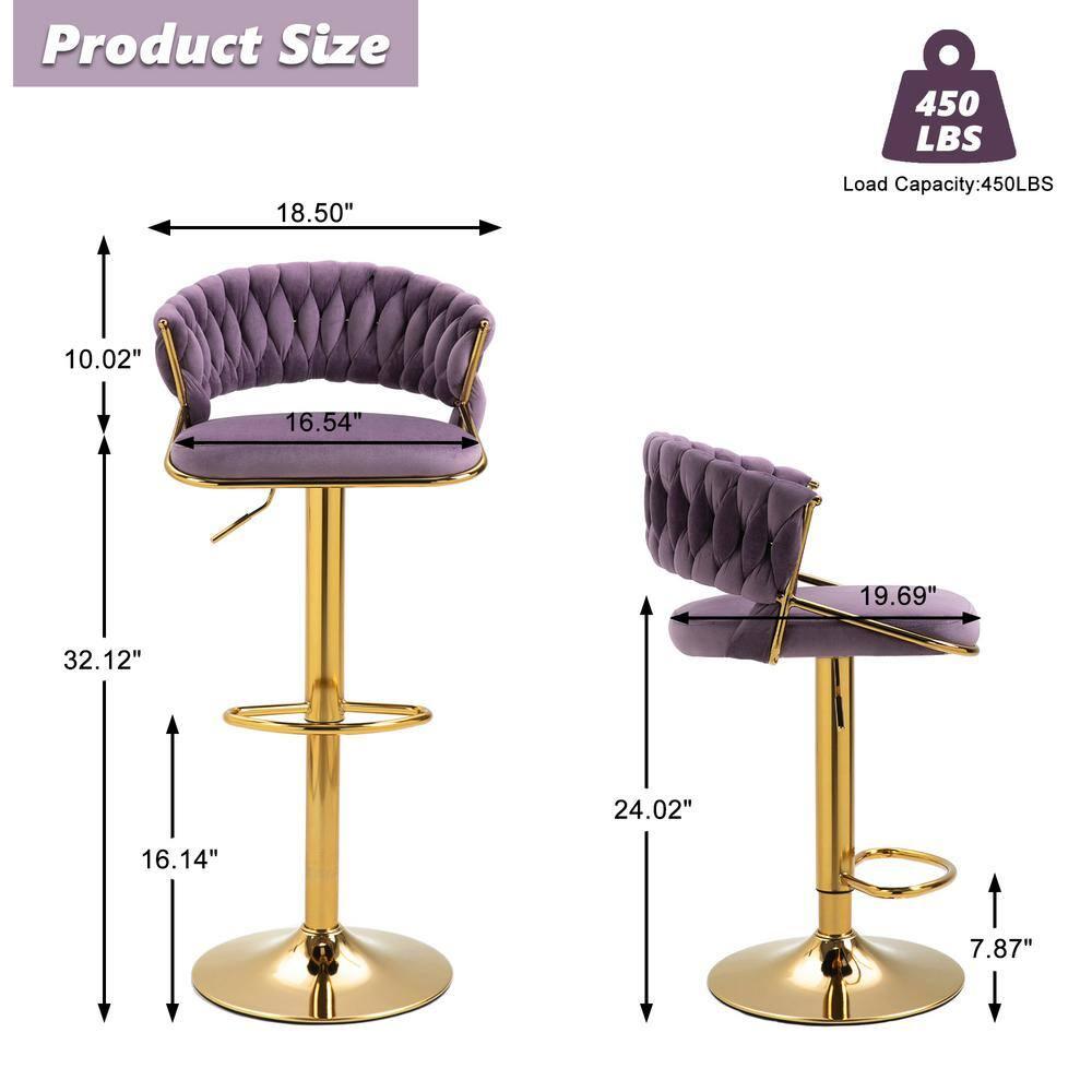 Kakotito 360° Velvet Swivel Bar Stools with Low Back & Footrest, Adjustable Counter Barstools, Silver Bar Stool (Set of 2 - Silver Version, Pink)