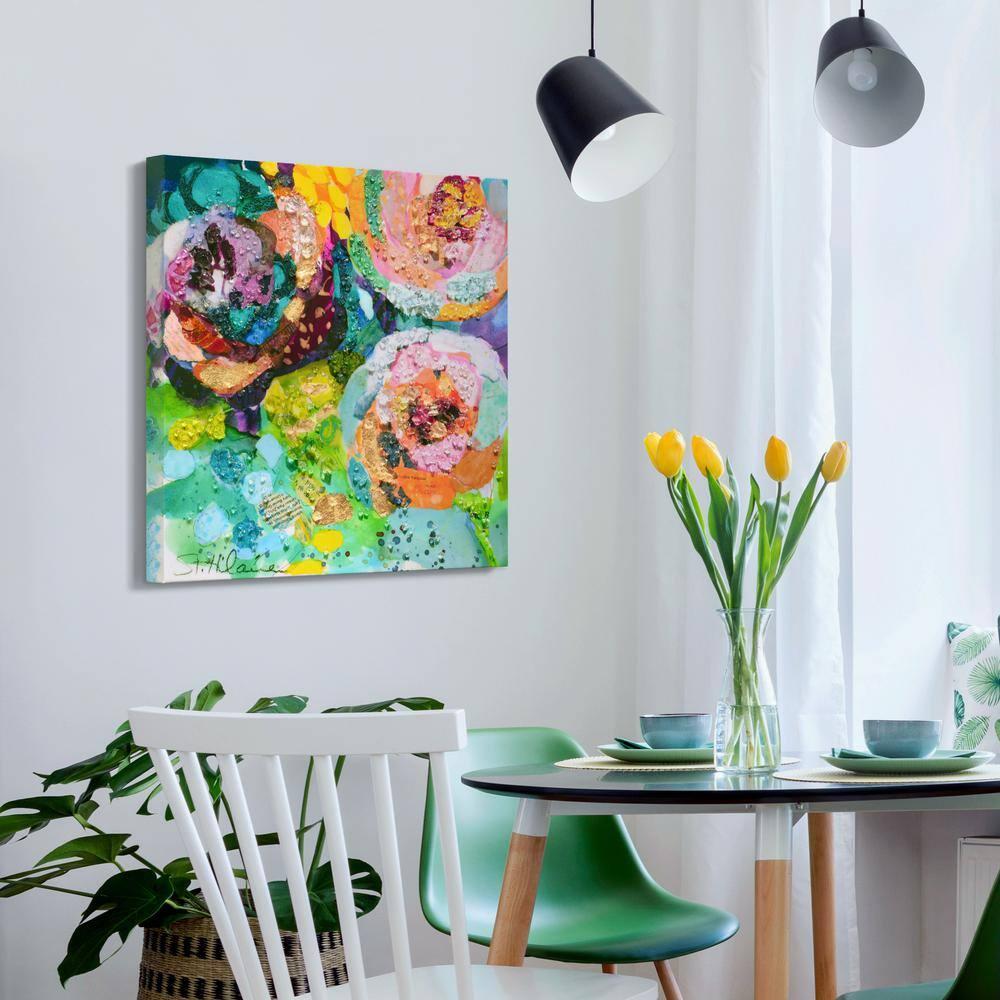 "Floral Radiance I" Crystallus Epoxy Coated Wrapped Glossy Canvas Wall Art with Heavy Acrylic Crystal Shards Embellishments,
