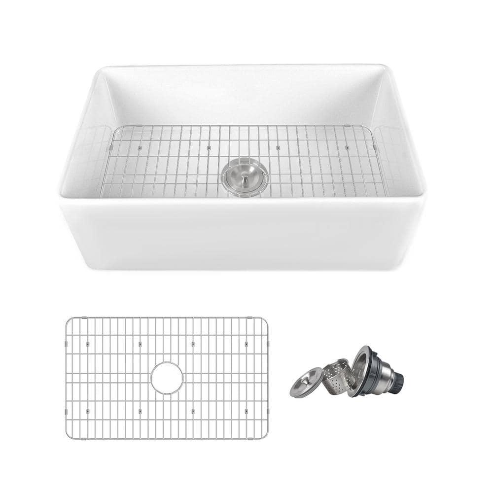 Grove 30" L X 18" W Rectangular White Single Basin Fireclay Farmhouse / Apron Kitchen Sink with Grid and Strainer
