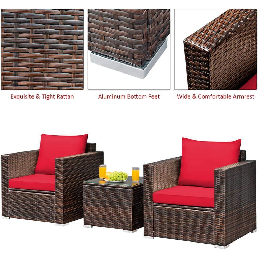 Costway 3PCS Patio Rattan Wicker Furniture Set Sofa Table W/Cushion Yard Red