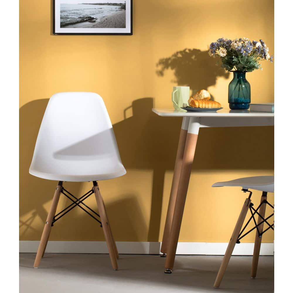 Fabulaxe Mid-Century Modern Style Plastic DSW Shell Dining Chair with Solid Beech Wooden Dowel Eiffel Legs, White