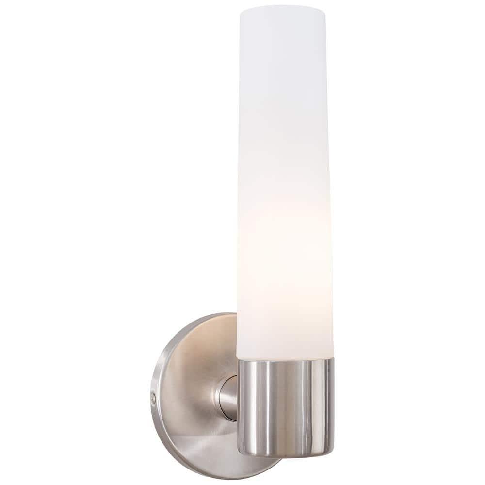 Elegant Brushed Stainless Steel Cylinder Wall Sconce with Etched Opal Shade