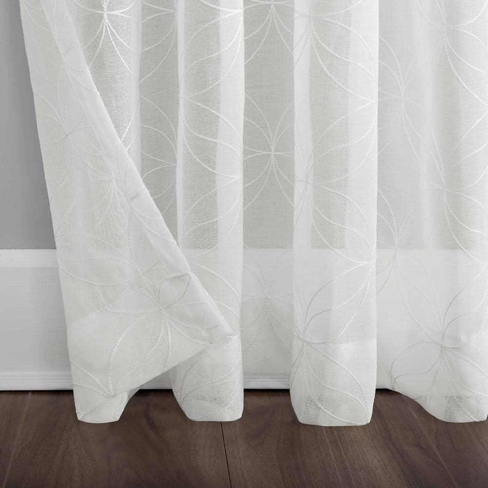 63"x50" Tamaryn Embroidered Trellis Sheer Rod Pocket Curtain Panel Ivory - No. 918: Modern Off-White Polyester Drapery